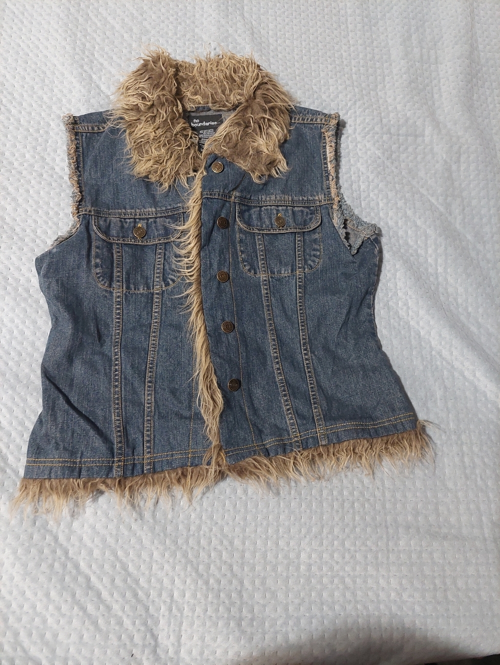 No Boundaries Faux Fur-Trim Denim Vest in Blue and Tan